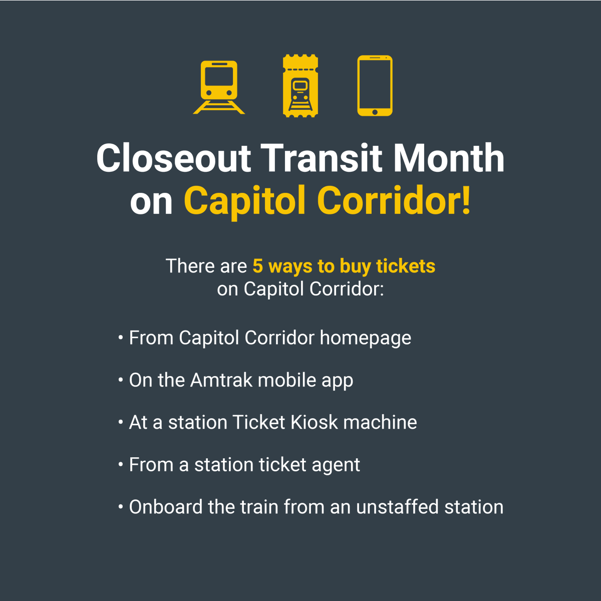 SpareTheAir's tweet image. This Transit Month, hop on @CapitolCorridor! 🚆 Whether you’re commuting or exploring the Bay Area, it’s a comfortable, scenic, and eco-friendly way to travel. Choose transit and help spare the air. #TransitMonth #CapitolCorridor #SparetheAir