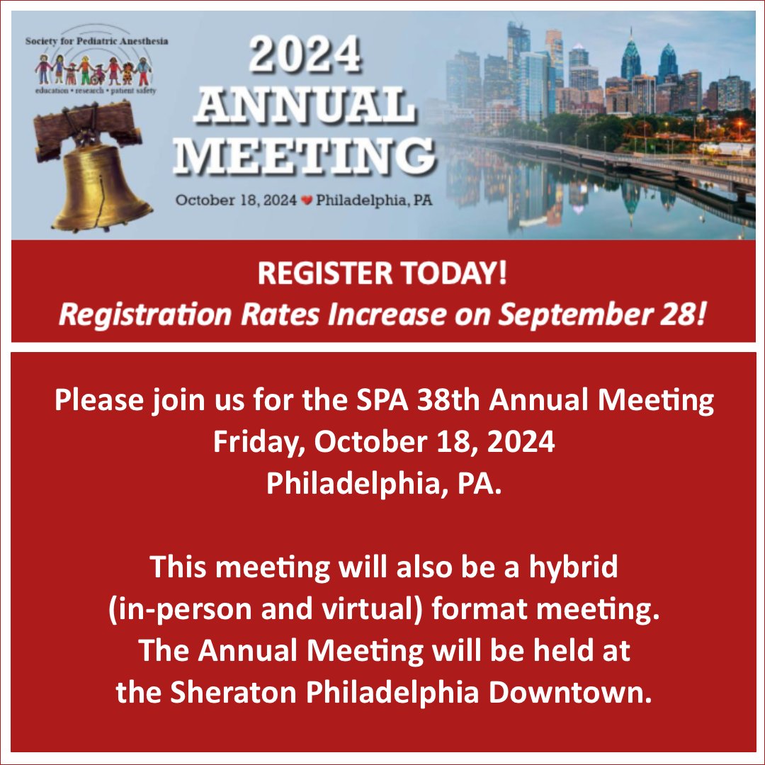 REGISTER TODAY! RATES INCREASE SEPTEMBER 28.
Learn more: ow.ly/6oWG50TxbW5
Registration: ow.ly/6ZRS50TxbW7
Hotel reservations: ow.ly/URjf50TxbW6
#PedsAnes24 #MedicalConference #Anesthesiology #PediatricAnesthesia #MedicalEducation