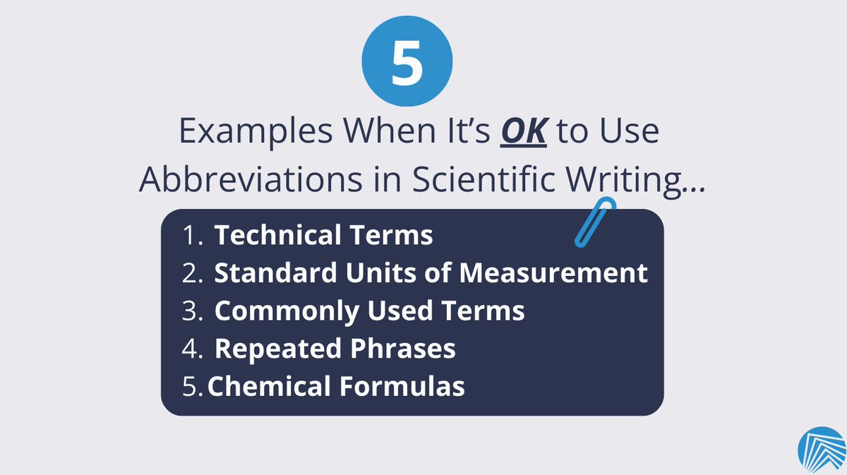 SciTechEdit's tweet image. 🤔 When to Use Abbreviations in Scientific Writing:

1️⃣ Technical terms (e.g., Electroencephalography (EEG))
2️⃣ Standard units (m, kg)
3️⃣ Common terms (e.g., i.e., et al.)
4️⃣ Repeated phrases (introduce abbreviation first)
5️⃣ Chemical formulas (H2O)

#ScientificWriting