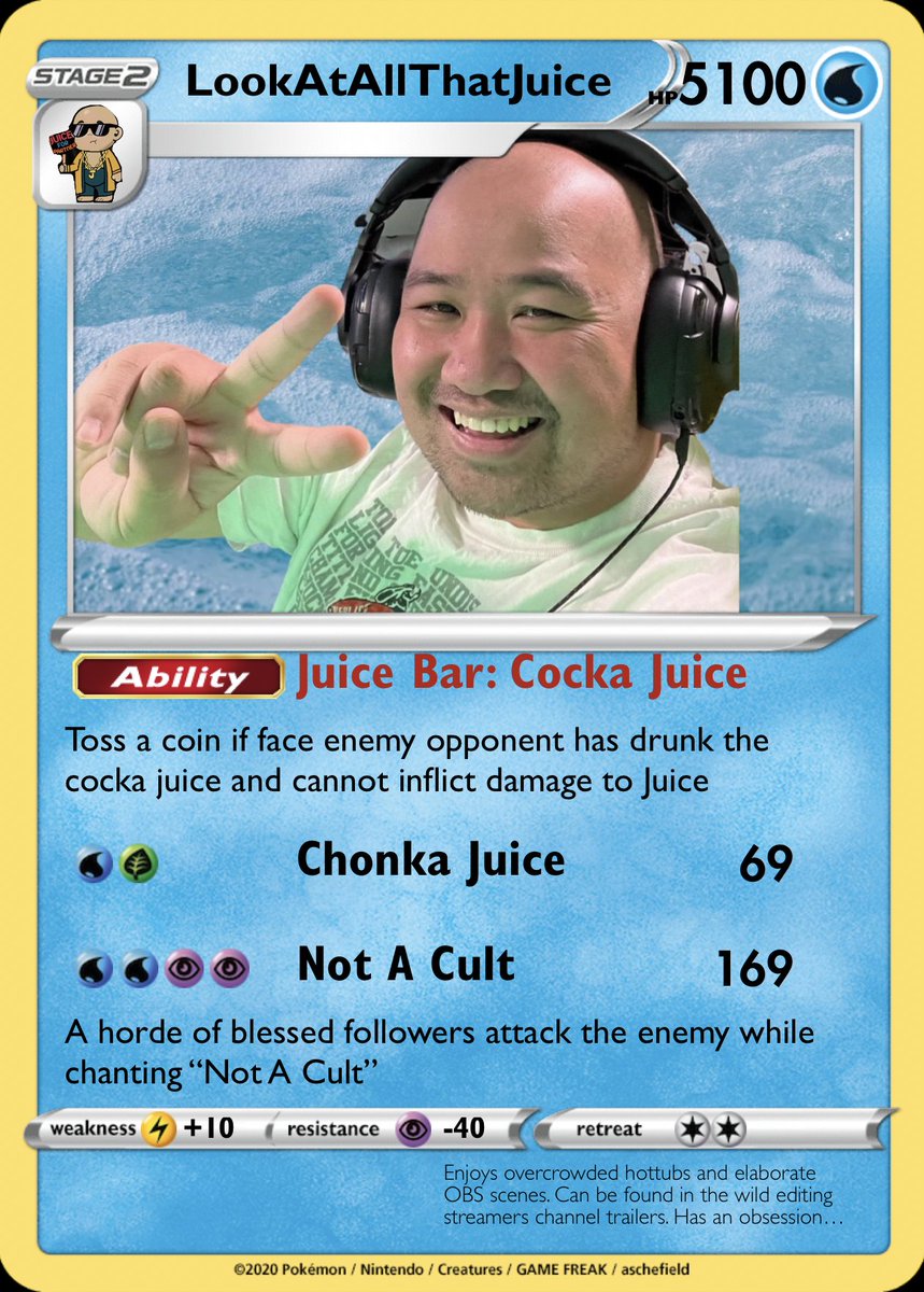 GeekySama's tweet photo. @AllThatJu1ce Thanks for the raid the other night! You have been memorialized into the GeekySama Raider Hall of Fame as a Pokemon card! I am honored to have received nyour community. https://t.co/6kJXXf7DFq