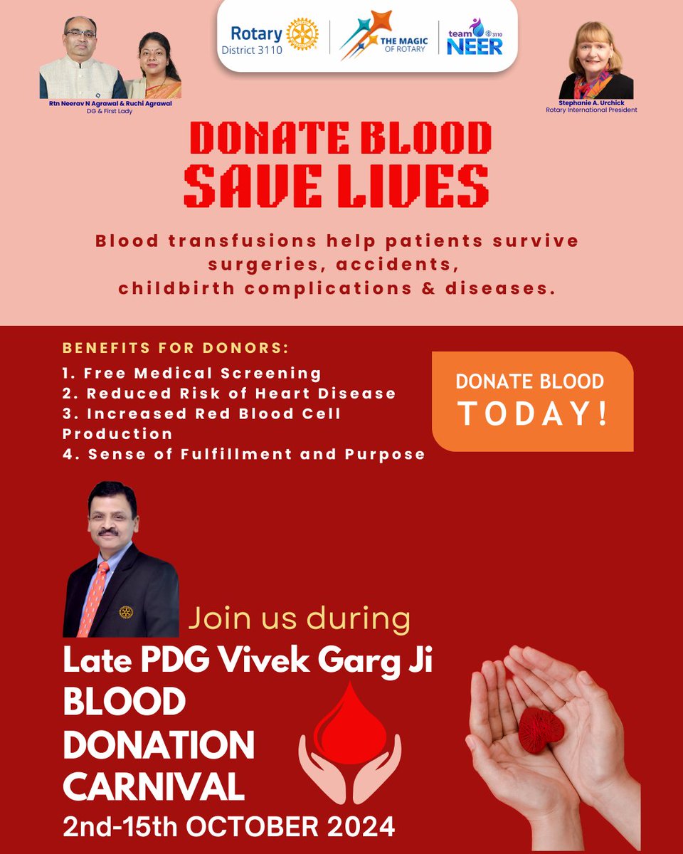 Rotary3110's tweet photo. Donate Blood - Save Lives

Do join us during Late PDG Vivek Garg Ji Blood Donation Carnival from 2nd Oct - 15th October across RID 3110. Please connect with your Rotary Club to know more details.

#BloodDonationCamp #rotary #rotaryinternational #RotaryInAction https://t.co/1eirU1LSLu