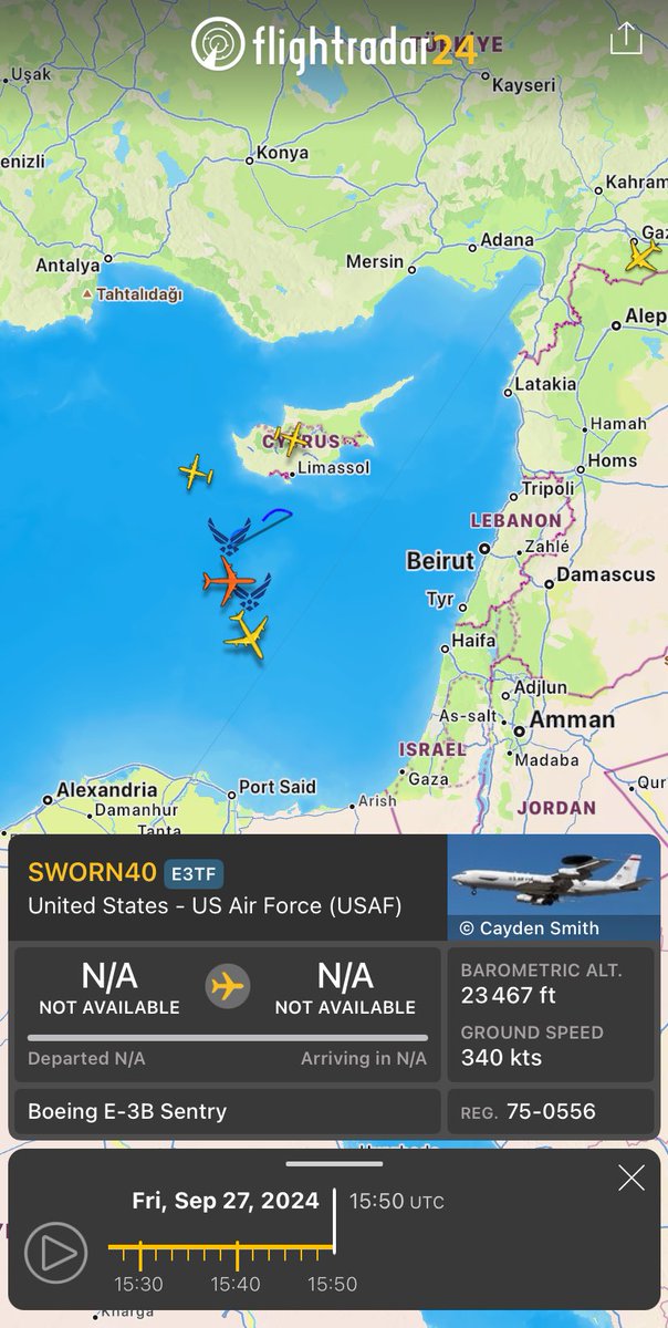 🇺🇸🇮🇱⚡️🇱🇧  Two E-3B Sentry AWACS off Lebanon, with transponders switched off, and the aircrafts reappear a few minutes after the bloody Israeli airstrikes on Beirut.

There is no coincidence, the US helps Israel bombing Lebanon on a daily basis.

The reason why they don't admit it
