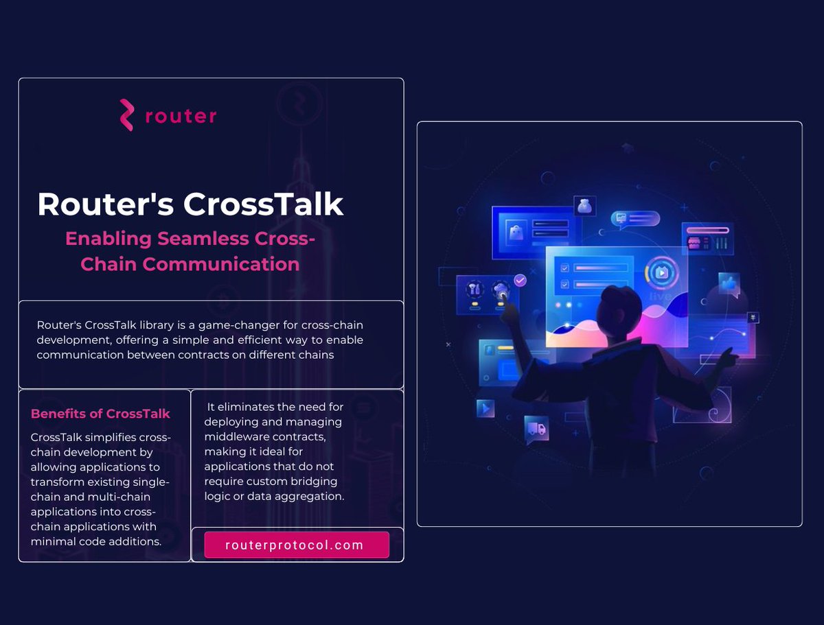 🌐🚀 𝗪𝗵𝗮𝘁 𝗶𝘀 𝗖𝗿𝗼𝘀𝘀𝗧𝗮𝗹𝗸

#Router's CrossTalk library is a revolutionary cross-chain framework that facilitates seamless state transitions across multiple chains. ⚡ It empowers contracts on one chain to send instructions to contracts deployed on another chain