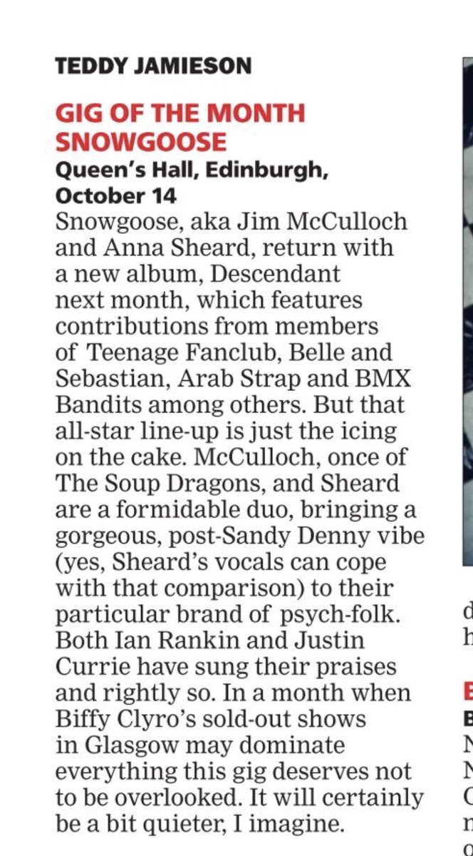 Jim McCulloch (@jim_mcculloch) on Twitter photo Thank you Mr Ted!
<a href="/TeddyJamieson/">Teddy Jamieson</a>
Edinburgh people!!!
Fans of Snowgoose in particular!!
A Gig of the month alert has been issued in your area- by Teddy Jamieson of The Herald 💥💥💥 Thank you Mr Ted!
<a href="/TeddyJamieson/">Teddy Jamieson</a>
Edinburgh people!!!
Fans of Snowgoose in particular!!
A Gig of the month alert has been issued in your area- by Teddy Jamieson of The Herald 💥💥💥