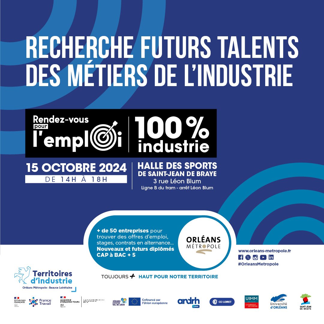 Futurs talents de l'#Industrie, venez rencontrer plus de 50 entreprises pour des opportunités d'#Emploi, de #stage ou de contrats en #alternance.

Rdv pour l'emploi : 100% Industrie Halle des Sports de St Jean de Braye (Tram B - Arrêt Léon Blum)

🕒 15 octobre 2024, de 14h à 18h