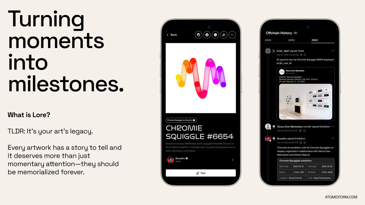 What’s the history behind your NFT? 

atomiclore.io  connects offchain data &amp; stories directly to your NFT’s, creating a seamless blend of art, identity, and narrative.