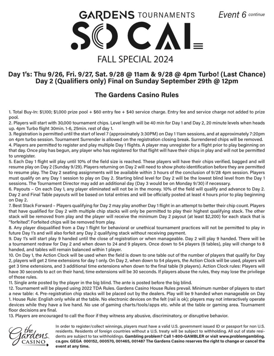 cavincasino's tweet photo. $5️⃣0️⃣0️⃣,0️⃣0️⃣0️⃣
Guarantee MAIN EVENT
#SoCalFallSpecial at @gardenscasino Flight 1B is today!
11am (Reg until 3:30pm)
Single table satellites + Mega at 5pm
Day 2 of MAIN EVENT is Sunday
Here are the Day 2 qualifiers through 1A flight 👇 https://t.co/qQyWURUtzo