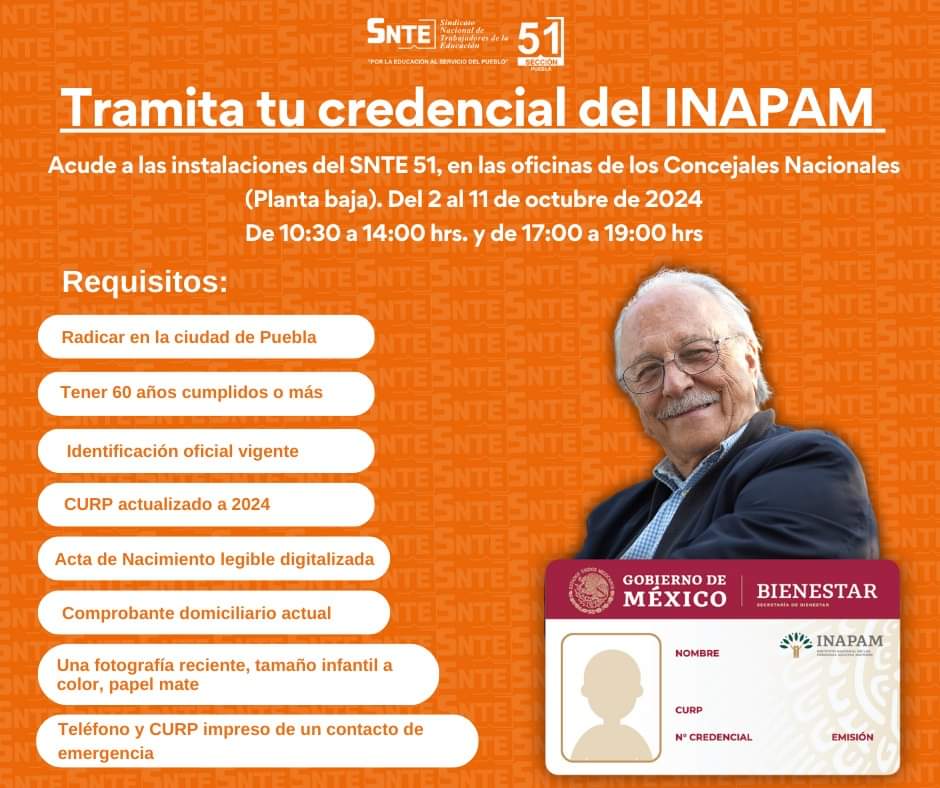 ComSnte51's tweet photo. APROVECHA‼️
🟠Tramita tu credencial del INAPAM acudiendo a las instalaciones del #SNTE51 (Calle 35 Nte. 3626, Jorge Murad Macluf, Puebla, Pue.)
✅Oficina de Concejales Nacionales
🗓Del 2 al 11 de octubre de 2024
🕰De 10:30 a 14:00 horas y de 17:00 a 19:00 horas. https://t.co/pG80z7I9py