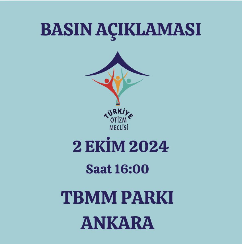 SedefErken's tweet photo. Türkiye Büyük Millet Meclisi açılırken bizler de tüm otizmli bireyler ve ailelerinin sesini duyurmak üzere orada olacağız

📢 BASIN AÇIKLAMASI

🗓️ 2 Ekim 2024

⏰ Saat: 16:00

Türkiye Büyük Millet Meclisi Parkı

Lütfen paylaşıp duyurulmasına destek olalım https://t.co/lq1CoEMRg7
