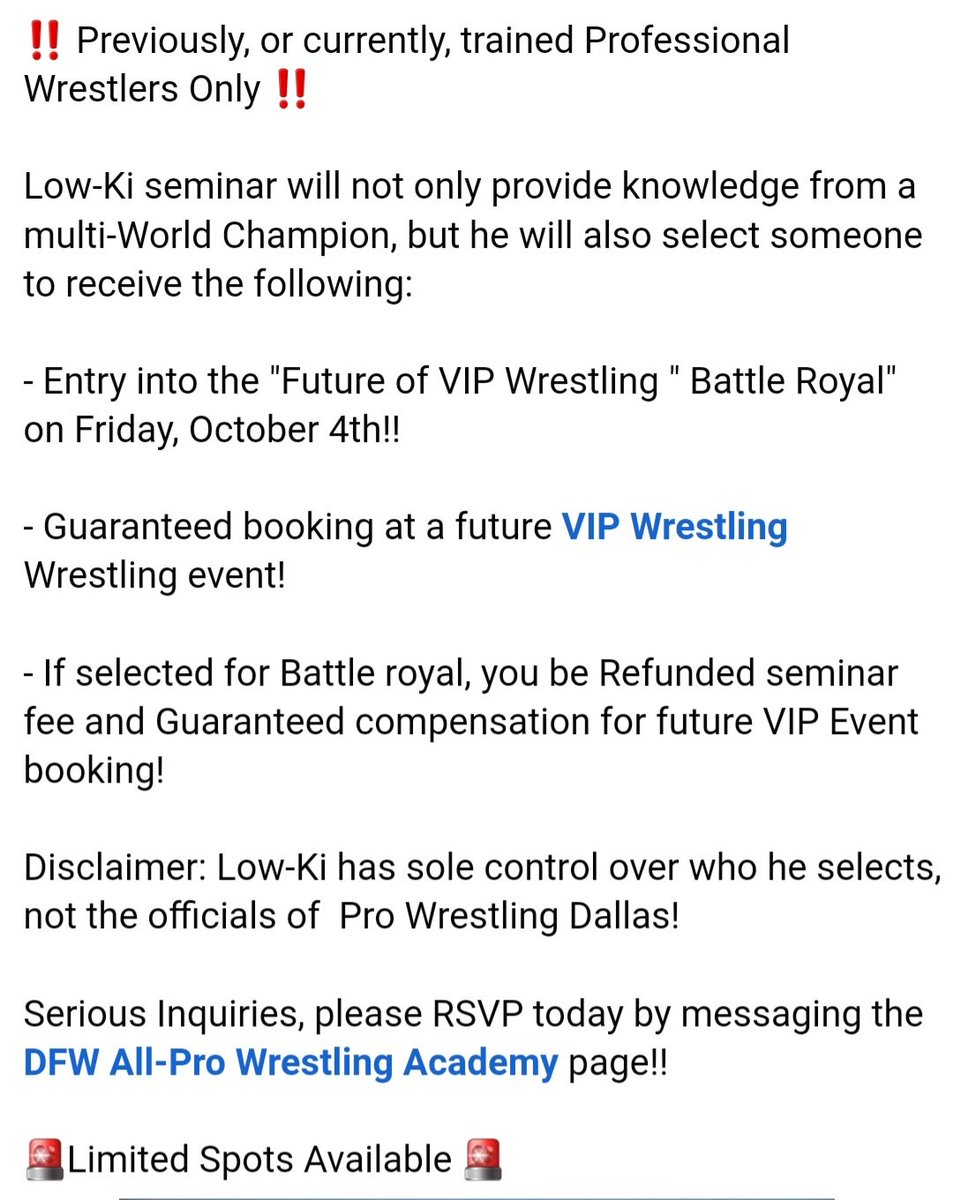 OneWorldWarrior's tweet image. 🎓Pro Sport Seminars
🧠Self Investment

OCT3 Texas
7pm-10pm
@DFW_ALL_PRO
[Previous/Active Wrestlers Only]

🎟facebook.com/events/s/low-k…

OCT25 Tennessee
11am-1pm
@WildsideSSF
OCT27 Tennessee
1pm-3pm The Emerald Clarksville
🎟 Low-Ki.com

#世界の戦士
#プロControlSystem