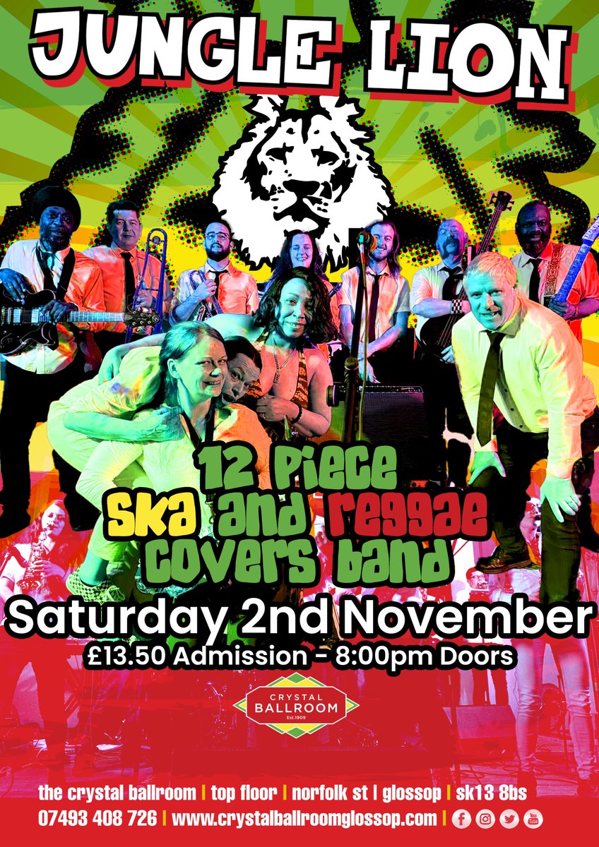 Jungle Lion - Saturday 2nd November
Tickets: tickettailor.com/events/crystal…

Jungle Lion have performed with The Wailers, the Skatalites, Toots &amp; the Maytals, Bad Manners, the Selecter, the Beat, plus many others

Doors: 7.30pm
#glossop #livemusic #reggae #2tone #ska