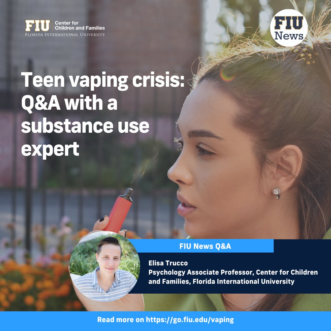 FIUCCF's tweet image. 🚨#Ecigarettes have become the top #nicotine product among U.S. #teens. We spoke with @ElisaTruccoPhD, an @FIU @fiupsych professor &amp;amp; #substanceuse researcher at our center, about how #vaping affects the developing brain, treatment options, &amp;amp; how we can combat this pressing issue.