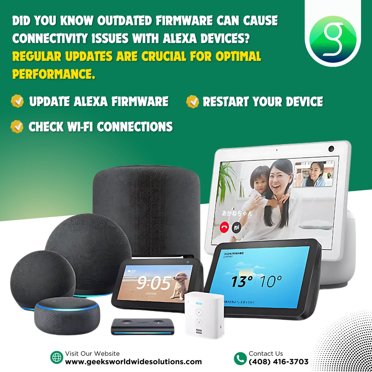 geek__solutions's tweet image. Have trouble with your Alexa device? It could be outdated firmware!
Pro tip: Regular updates ensure smooth performance.
Follow these steps:
✅Update firmware
✅Restart device
✅Check Wi-Fi connection
Need help? Contact us! 4084163703
#AlexaTips #TechSupport #FirmwareUpdates