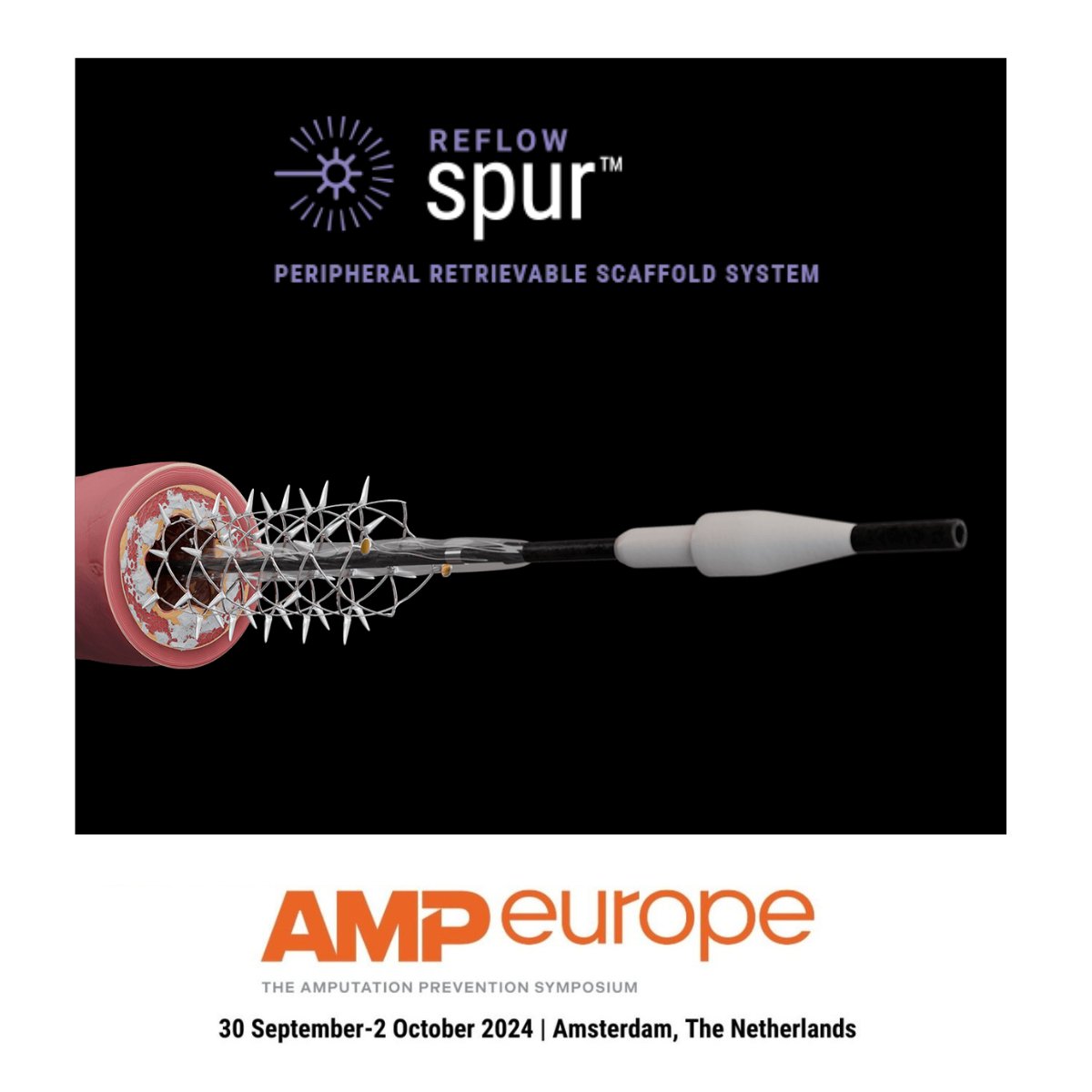 reflowmedical's tweet photo. Mark your calendars for three great presentations at #AMPEU, @AMPSymposium:
On Monday, September 30 at 13:30, Dr. Jos van den Berg will provide updates on the DEEPER OUS Trial 2-year Data.
Tuesday, October 1 at 10:40, join us for Live in a Box: Spur® RST: An Innovative Approach in Treating BTK CLTI, presented by Dr. Daniel van den Heuvel and sponsored by Reflow Medical.
At 10:20 on Wednesday, October 2, Dr. Marcus Thieme discusses the DEEPER OUS Single Center Experience: 2-year Data.
The DEEPER OUS clinical trial (NCT04162418) evaluates the safety and efficacy of the Spur Peripheral Retrievable Scaffold System in combination with a paclitaxel-coated balloon for the treatment of BTK arterial disease.
For more information, visit: https://t.co/97t05RnYzg
#AMPEU #PAD #endovascular #CLI #CLIFighters #interventionalradiology #VI #CLTI