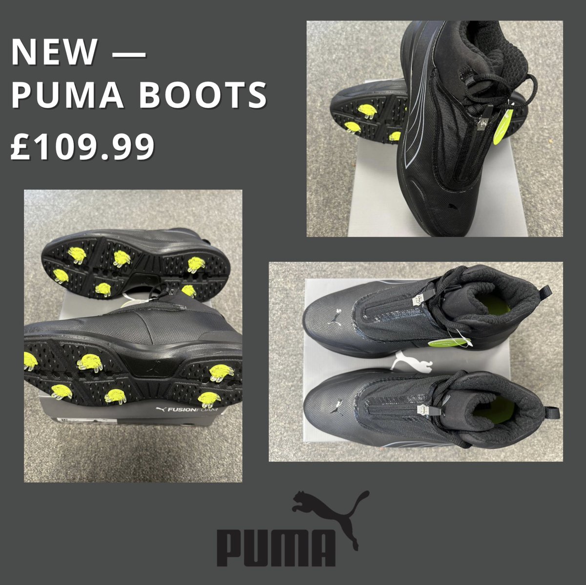BRAND New Puma Boots with all the below included for an amazing price of £109.99:

1 year waterproof warranty
Insulated collars for warmth
Zip as well as laces for added water protection.
Replaceable spikes and enhanced rubber spiked sole for extra grip