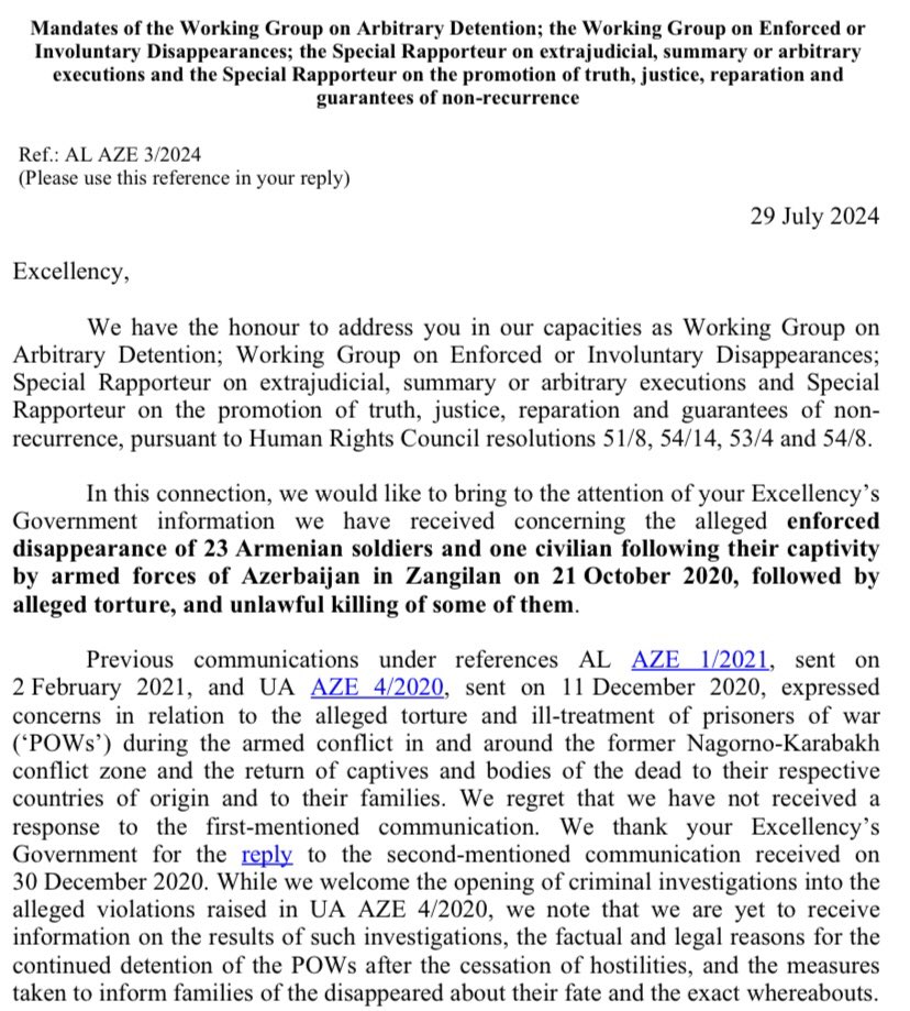 Armembsuisse's tweet photo. Today, @UNHumanRights published a joint communication from 4 @UN_SPExperts addressed to #Azerbaijan regarding “enforced disappearance of 23 Armenian soldiers and one civilian” in October 2020, “followed by torture and unlawful killing of some of them”
https://t.co/hajRtD5ub4 https://t.co/j114Ft2O1L