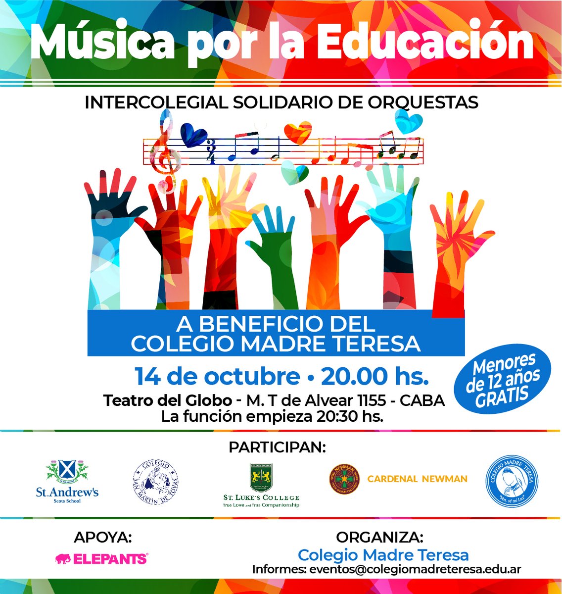 ColeMadreTeresa's tweet photo. En #Lahorqueta, #Nordelta, #Palermo, #Olivos y #Virreyes más de 100 jóvenes ensayan para tocar el 14/10 a beneficio del fondo de becas de @ColeMadreTeresa en Música por la Educación
Comprá tu entrada 👉 https://t.co/NtSVB1vli0 https://t.co/GpaJpz76kd