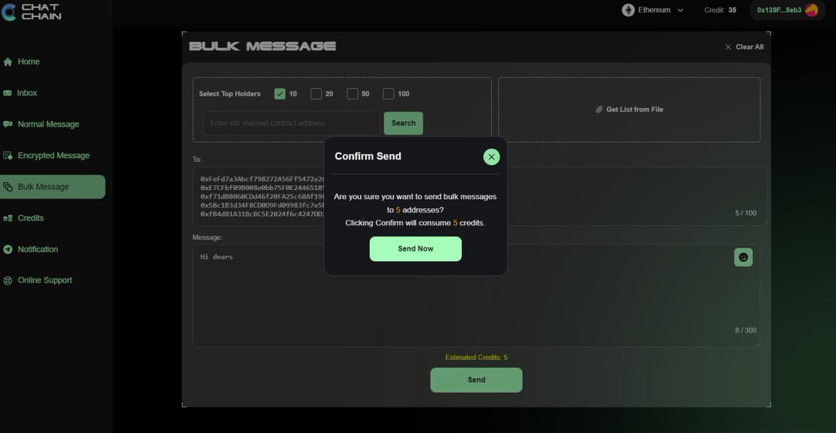 ChatChainApp's tweet image. Chat Chain Bulk Messages

Send your message on-chain to a list of wallets with three options:
1. Manual input wallets
2. Upload List
3. Select top holders of other projects

Bulk Messages are like a broadcast &amp;amp; mass advertising on blockchain for target wallets. 

Important point…