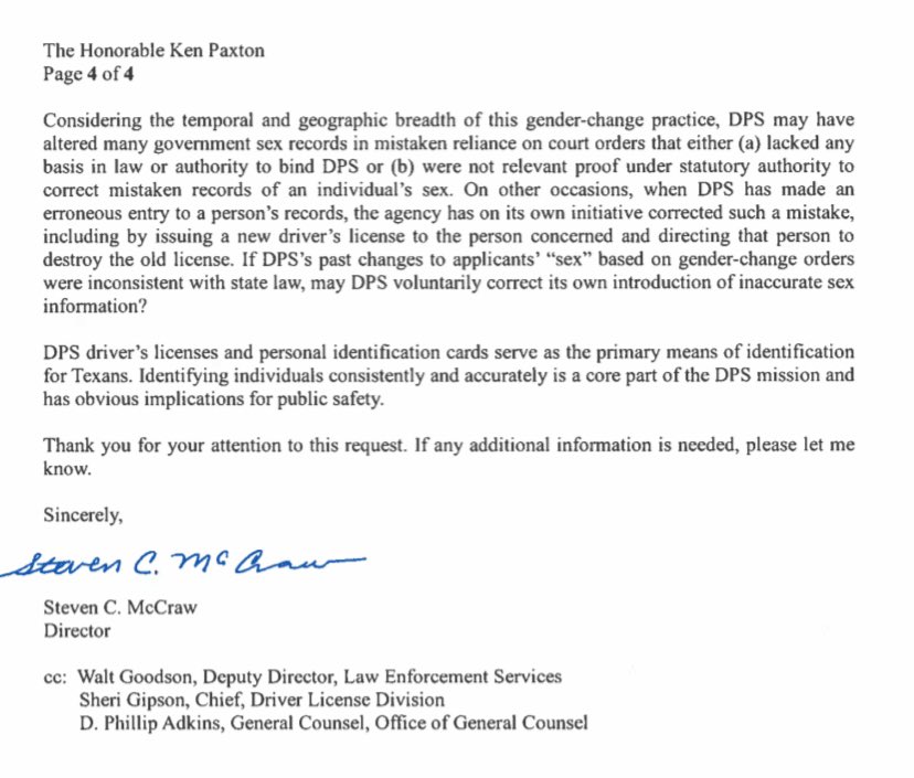 GreatCheshire's tweet photo. The head of the Texas Department of Public Safety wrote a letter to Attorney General Ken Paxton asking for permission to reverse previously legally changed IDs and driver’s licenses of trans people in the state. Terrifying implications if this goes forward. https://t.co/8wm2n54Of7