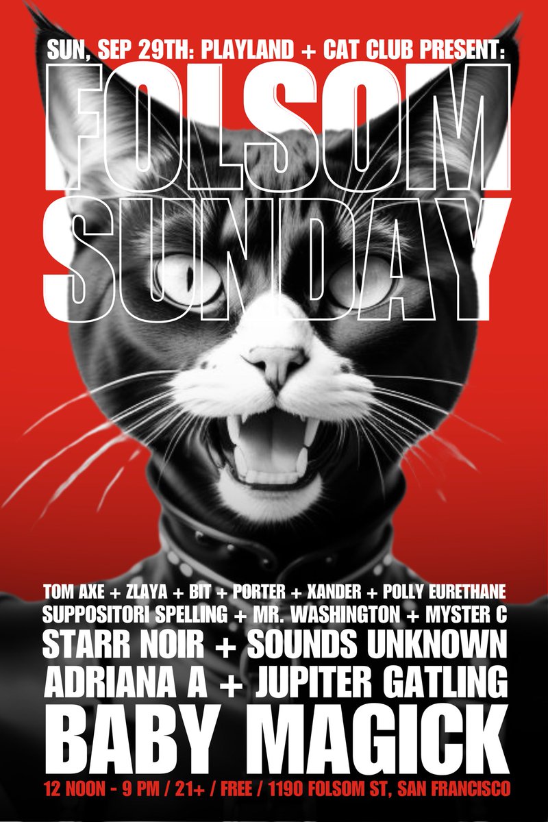 FOLSOM IS UPON US!!!
Gogoing the main stage for <a href="/FolsomStEvents/">Folsom Street</a> 11:45, 1:15, 2:15
DJing Cat Club 4-5pm
Gogoing DEVIANTS ADULT ARCADE, the official FSF afterparty 9-late!!!