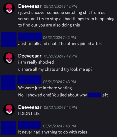 YambagJones99's tweet photo. Another recurrent theme: Lying about why former team members left the server. Whether it was "left over roles", or "was just in it for themselves" or any other false reason, people who leave @Deeveeaar #deeveeaar server are maligned. He did, in fact, lie about why people leave. https://t.co/rxy2LD930H