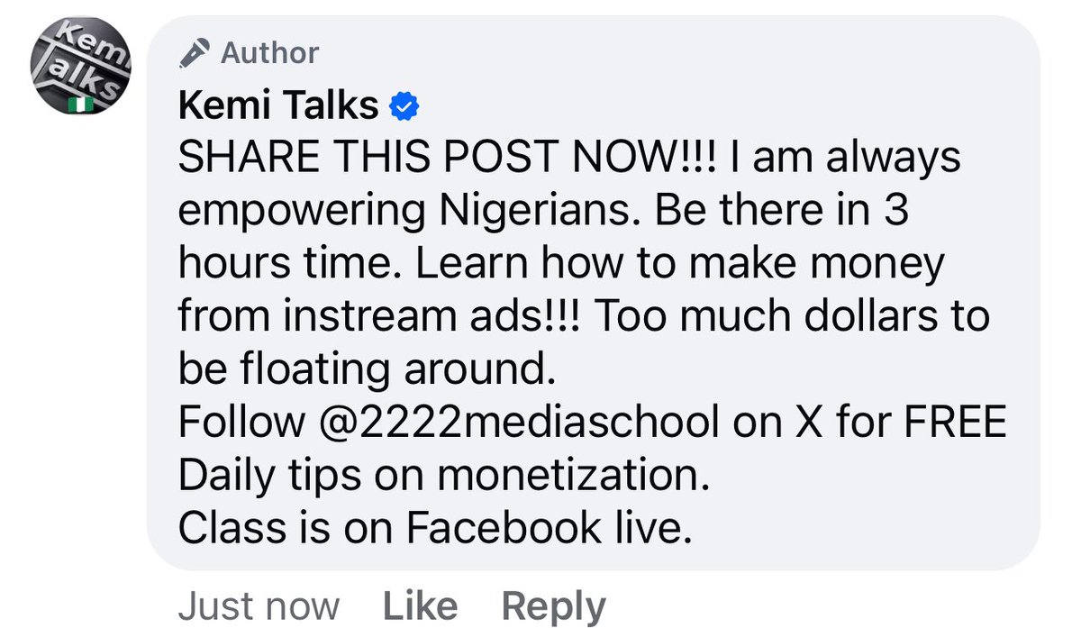 #BREAKING 💯♨️Free For MY FANS 
CONTENT CREATION CLASS
Make that money and join for 90 mins 8pm tonight Nigerian time 📌 on Facebook #Kemitalks 

#Kemitalksmonetization is in ~3 hrs sponsored by #2222mediainstitute
