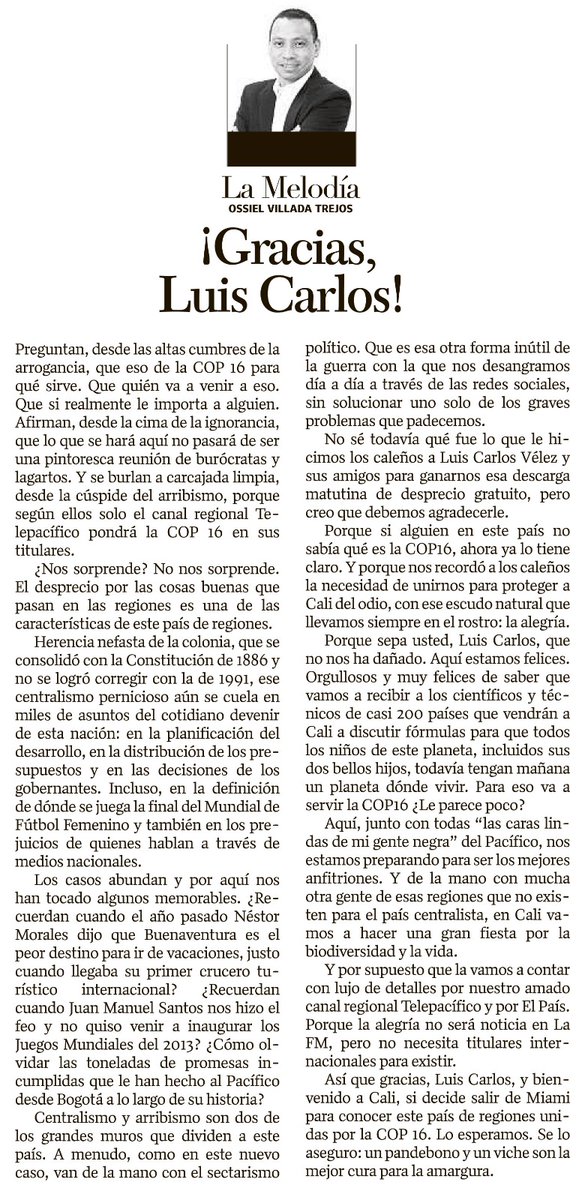 Gracias a todos los que han compartido estas reflexiones que hice hoy en <a href="/elpaiscali/">El País Cali 📰</a> sobre el ataque injustificado contra #Cali y la #COP16. Reitero: la alegría y la generosidad deben ser nuestra respuesta. Como dice <a href="/GuayacanOficial/">Guayacán Orquesta</a>: #ConCaliNadieSeMeta

elpais.com.co/opinion/column…
