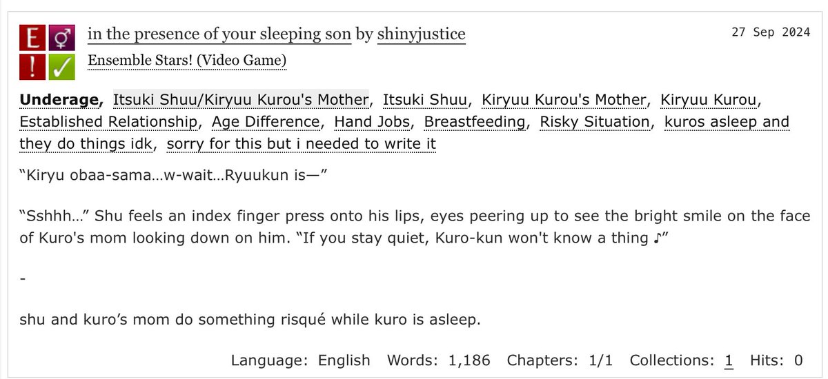shinyjustices's tweet photo. in the presence of your sleeping son
18+ | Kuro’s mom / Shu | 1.1k
for day 6 of #ESNSFWWEEK24
prompt: risky/public
https://t.co/fU5fNgBrjh https://t.co/k0gp2y5EJU