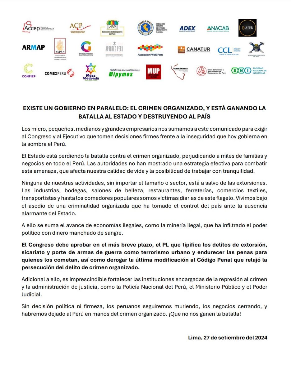 #Último Se pronuncia la Confiep, junto a 22 gremios de empresarios (bodegueros, ferreteros, restaurantes, boticas, etc), sobre la ola de extorsiones👇

Exigen que se DEROGUE la ley sobre crimen organizado que pasó el Congreso y que se tipifique delito de terrorismo urbano (1/2)