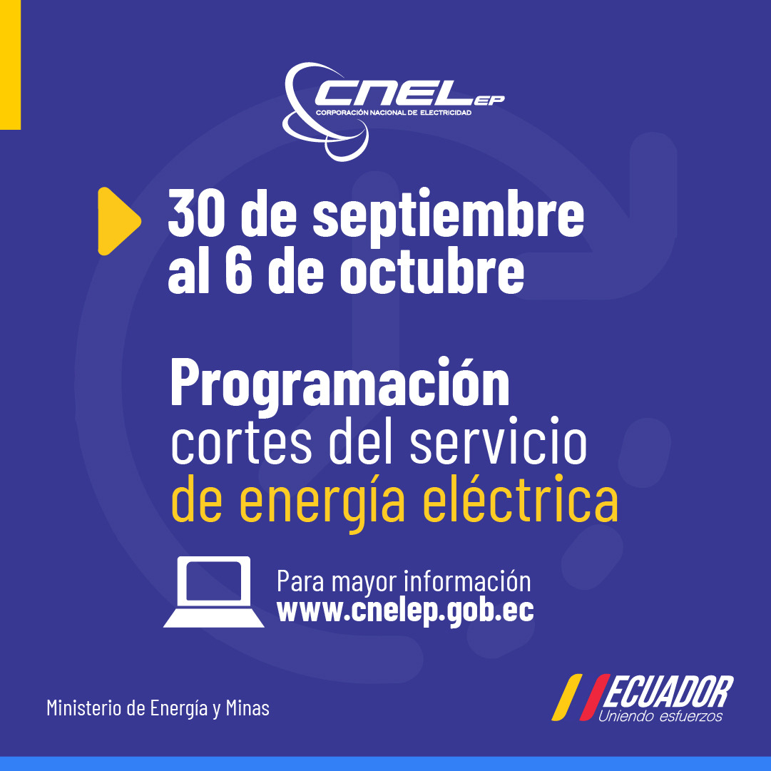 🚨 ATENCIÓN | Consulta los horarios y sectores de las 11 Unidades de Negocio de #CNELEP que tendrán interrupción del servicio eléctrico durante la semana del lunes 30 de septiembre al domingo 06 de octubre de 2024.

Horarios por Unidades de Negocio aquí: 

1. Bolívar: