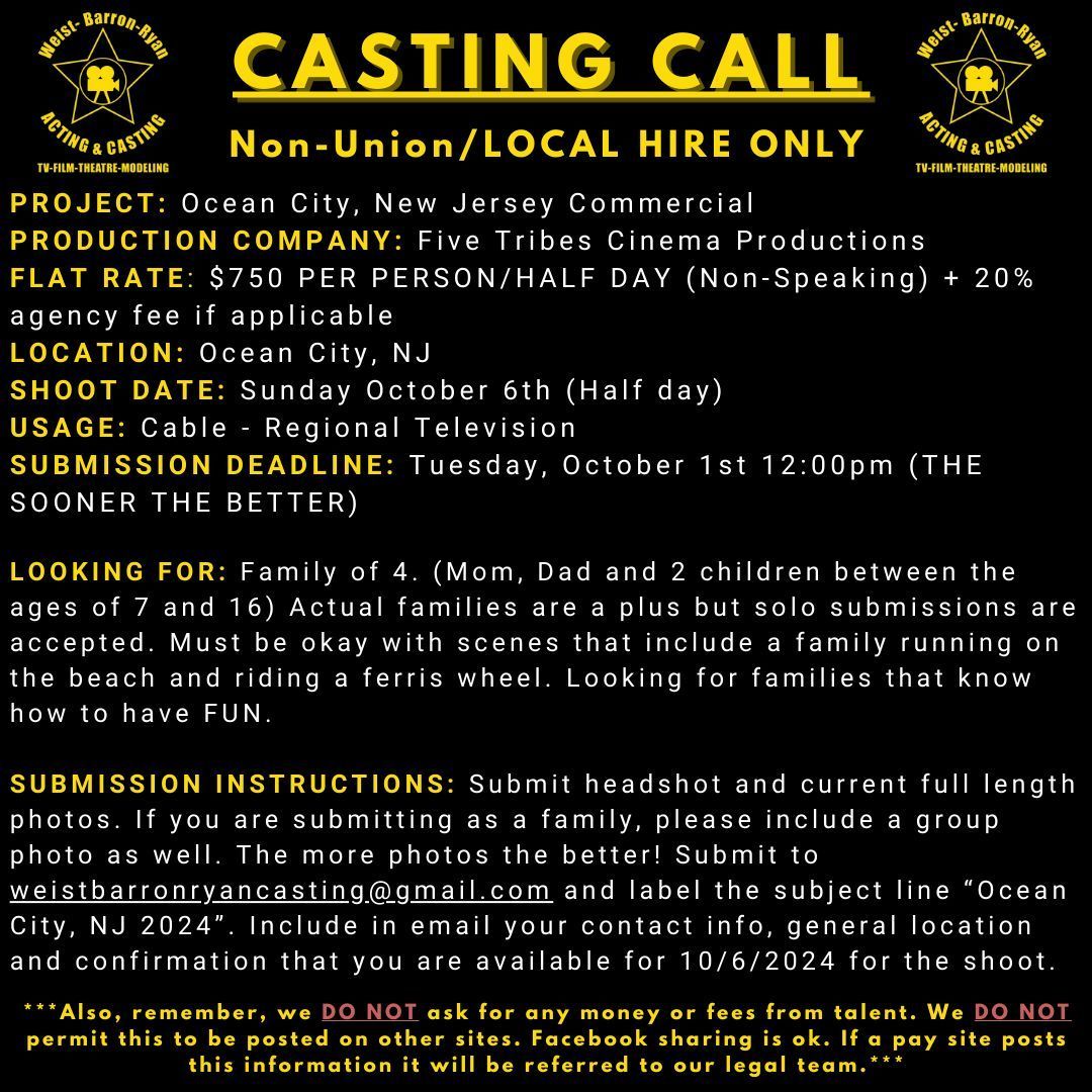 RyanCasting's tweet photo. Now casting South Jersey locals for regional television commercial!

#castingcall #southjersey #film #oceancity #ocnj https://t.co/HcavZHcv3U