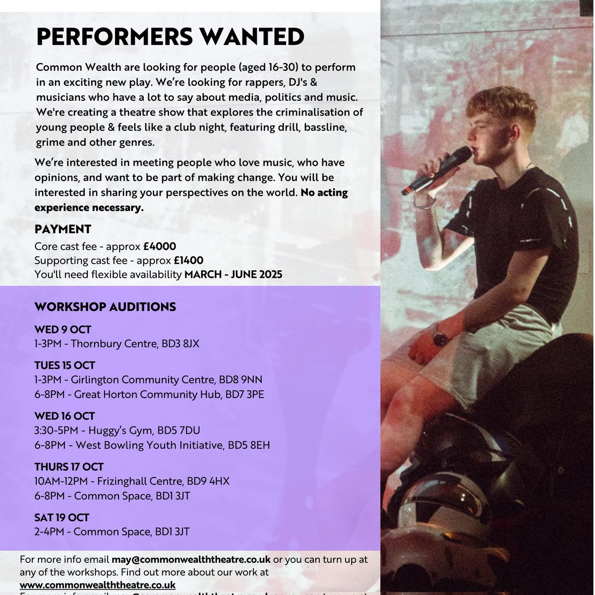 In 11 days we start our audition workshops for RIGHT/S! 

We're looking for:
✨ Young People 16-30
✨ People who love music!
✨ People who've got opinions or ideas, about politics, our rights and the criminal justice system 

Have a look where the closest audition is for you! 💥