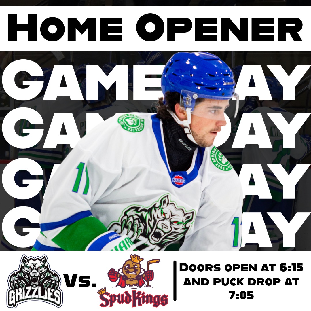 HOME OPENER IS FINALLY HERE!

4pm-6:30pm Tailgate with beer, merch, yard games, Steet Meats Food Truck, Hair Tinsel by Lovely Chaos, WYO4 Kruser, and more!

Puck drops at 7pm, with doors opening at 6:30pm.  Great hockey, Chuck-A-Puck, Grizzlies Den Ten, and intermission games.