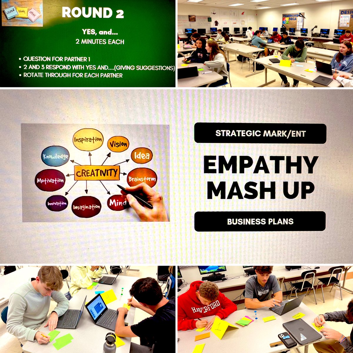 Empathy mash up today in #StrategicMarketing/Entrepreneurship Ss use active listening and “Yes and” statements for feedback and implementation of biz plans #DesignThinking #PembrokeBiz #TeamWork #MakesTheDreamWork