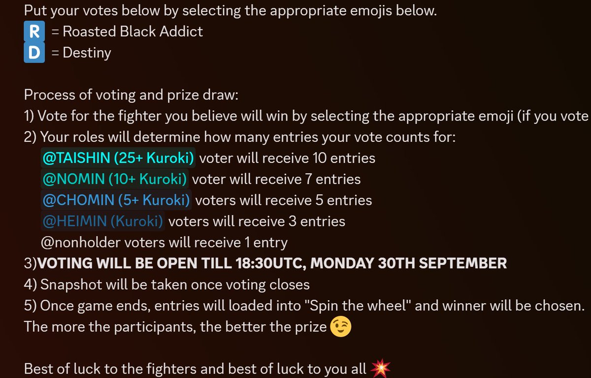 FootyFanatico || Don Town FC (@footyfanatico) on Twitter photo Gm Gm and have a freakin awesome friday and weekend!
If you have some time, come on over and pop into the <a href="/Kuroki_NFT/">Kuroki π΄</a> discord server (Link below)...we have a vote ongoing of who will win the final match of the Kuroki Knockout Tournament which is happening on Monday 30th. It is Gm Gm and have a freakin awesome friday and weekend!
If you have some time, come on over and pop into the <a href="/Kuroki_NFT/">Kuroki π΄</a> discord server (Link below)...we have a vote ongoing of who will win the final match of the Kuroki Knockout Tournament which is happening on Monday 30th. It is