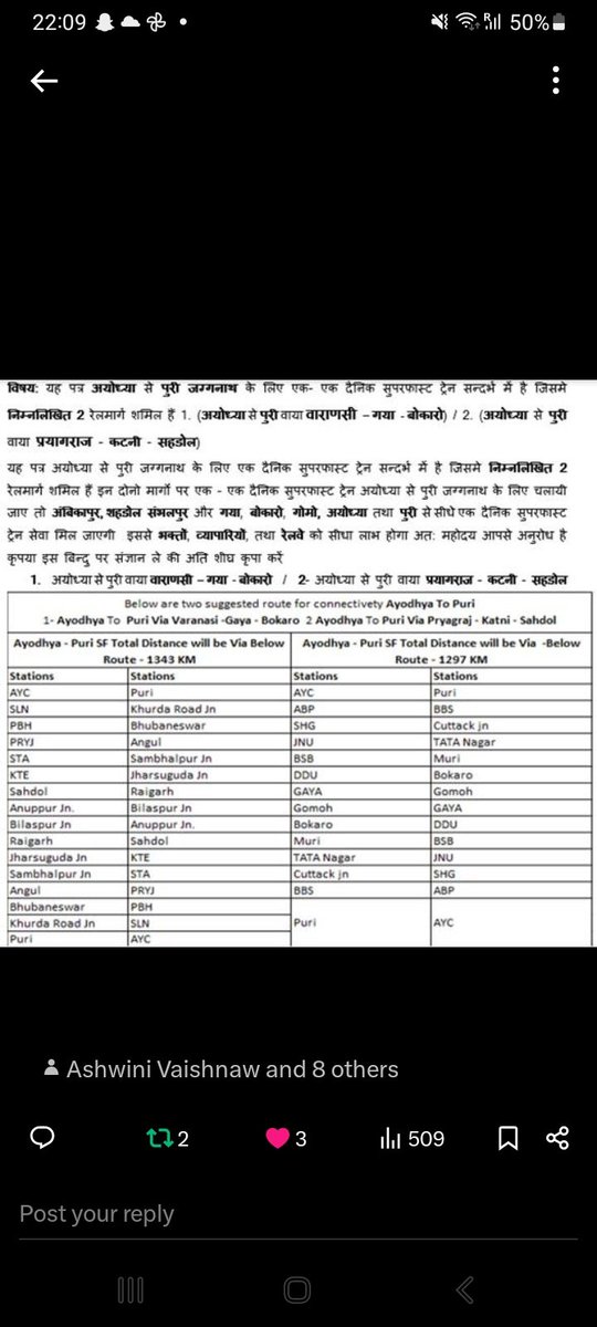 Nothern Railway - Ayodhya (@ayodhyarailfan) on Twitter photo рд╡рд┐рд╖рдп:рдпрд╣ рдкрддреНрд░┬ардЕрдпреЛрдзреНрдпрд╛┬ард╕реЗ┬ардкреБрд░реА рдЬрдЧреНрдЧрдирд╛рде┬ардХреЗрд▓рд┐рдП рдПрдХ-рдПрдХ рджреИрдирд┐рдХрд╕реБрдкрд░рдлрд╛рд╕реНрдЯ рдЯреНрд░реЗрди рд╕рдиреНрджрд░реНрдн рдореЗрдВ рд╣реИ рдЬрд┐рд╕рдореЗ┬ардирд┐рдореНрдирд▓рд┐рдЦрд┐рдд 2┬ард░реЗрд▓рдорд╛рд░реНрдЧ рд╢рдорд┐рд▓ рд╣реИрдВ <a href="/drm_lko/">DRM Lucknow NR</a> <a href="/drmncrald/">DRM PRAYAGRAJ, NCR</a> <a href="/drmjabalpur/">DRM JABALPUR</a> <a href="/GMSECR/">General Manager SECR</a> <a href="/DRMBilaspur/">DRM Bilaspur</a> <a href="/DRMKhurdaRoad/">DRM KhurdaRoad</a> <a href="/DRMSambalpur/">DRMSambalpur</a> <a href="/drmbsbner/">DRM Varanasi</a> <a href="/DRM_DDU/">DRM Pt. Deen Dayal Upadhyaya Division</a> <a href="/DRMCKP/">DRM Chakradharpur</a> <a href="/LalluSinghBJP/">Lallu Singh</a> <a href="/AshwiniVaishnaw/">Ashwini Vaishnaw</a> <a href="/RailMinIndia/">Ministry of Railways</a> рд╡рд┐рд╖рдп:рдпрд╣ рдкрддреНрд░┬ардЕрдпреЛрдзреНрдпрд╛┬ард╕реЗ┬ардкреБрд░реА рдЬрдЧреНрдЧрдирд╛рде┬ардХреЗрд▓рд┐рдП рдПрдХ-рдПрдХ рджреИрдирд┐рдХрд╕реБрдкрд░рдлрд╛рд╕реНрдЯ рдЯреНрд░реЗрди рд╕рдиреНрджрд░реНрдн рдореЗрдВ рд╣реИ рдЬрд┐рд╕рдореЗ┬ардирд┐рдореНрдирд▓рд┐рдЦрд┐рдд 2┬ард░реЗрд▓рдорд╛рд░реНрдЧ рд╢рдорд┐рд▓ рд╣реИрдВ <a href="/drm_lko/">DRM Lucknow NR</a> <a href="/drmncrald/">DRM PRAYAGRAJ, NCR</a> <a href="/drmjabalpur/">DRM JABALPUR</a> <a href="/GMSECR/">General Manager SECR</a> <a href="/DRMBilaspur/">DRM Bilaspur</a> <a href="/DRMKhurdaRoad/">DRM KhurdaRoad</a> <a href="/DRMSambalpur/">DRMSambalpur</a> <a href="/drmbsbner/">DRM Varanasi</a> <a href="/DRM_DDU/">DRM Pt. Deen Dayal Upadhyaya Division</a> <a href="/DRMCKP/">DRM Chakradharpur</a> <a href="/LalluSinghBJP/">Lallu Singh</a> <a href="/AshwiniVaishnaw/">Ashwini Vaishnaw</a> <a href="/RailMinIndia/">Ministry of Railways</a>