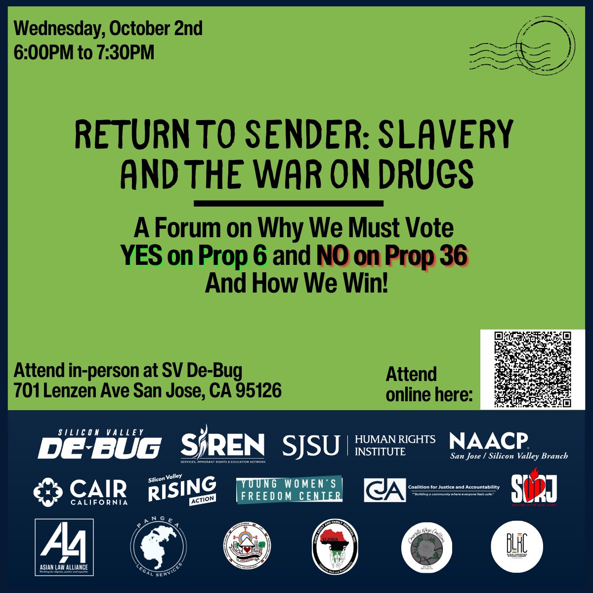 Join us Wed, October 2, 2024, 6PM for a community forum on why we must vote YES on Prop 6 &amp; NO on Prop 36. When we say “protect your people”, we also mean future generations from further criminalization + mass incarceration. Voting YES on Prop 6 &amp; NO on Prop 36 will do just that