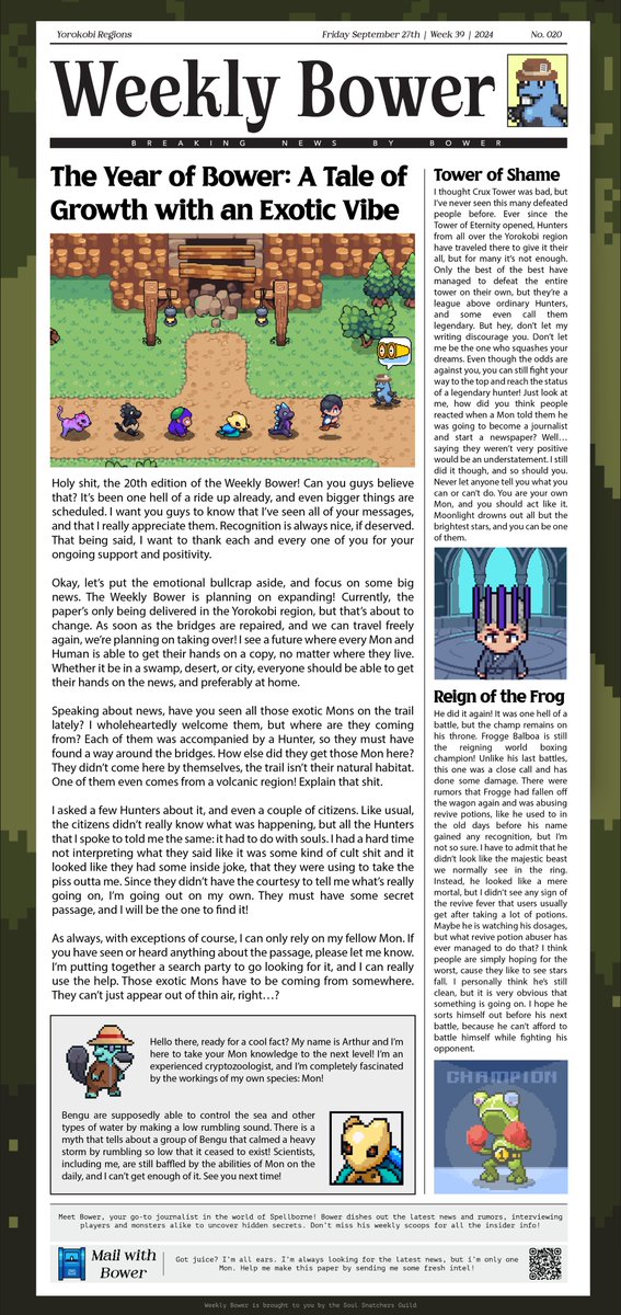 🚨 The 20th #WeeklyBower is HERE! 🚨 Our 20th week anniversary 🎉

Explore the latest updates and hidden gems from the Yorokobi Regions! 🌍 Big thanks to our incredible readers for keeping the magic alive! ✨ #Spellborne