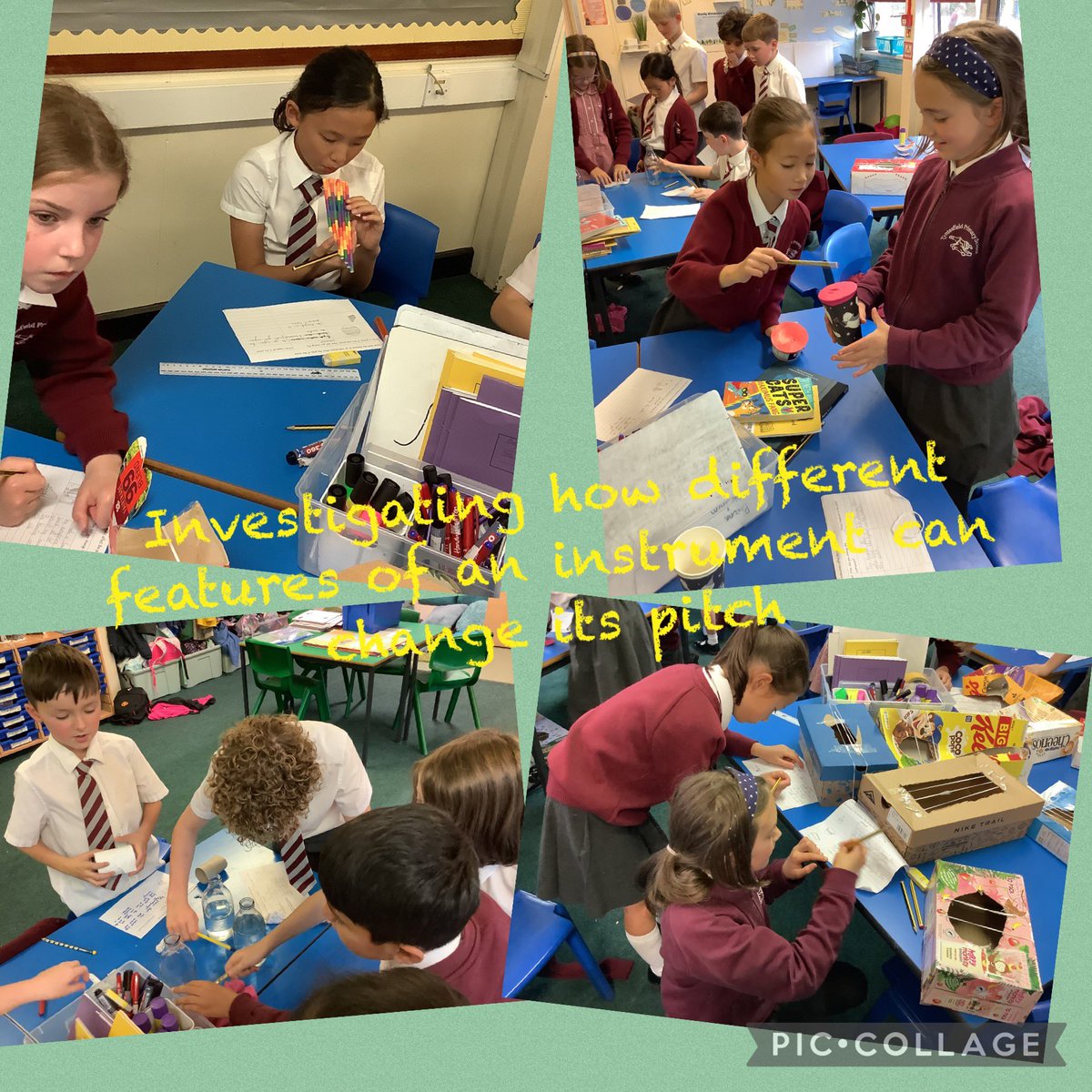 TyntesfieldMB's tweet photo. Finding out about pitch in Science this week - making our instruments then finding out what happens to the pitch if you change a feature of the instrument (tighter elastic, more water, larger straws and more!) https://t.co/230HsGrzQk