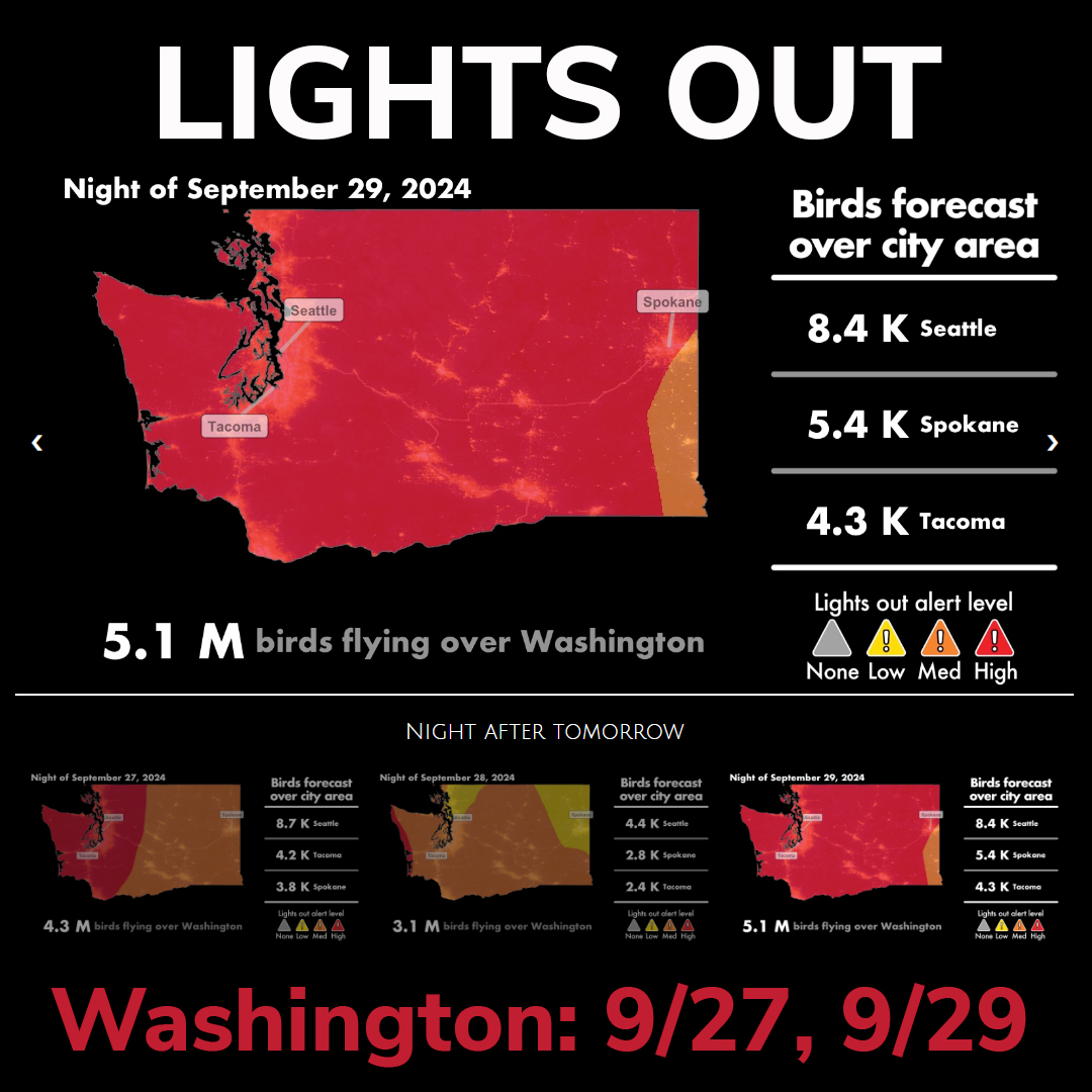 We have another #LightsOut Red Alert! More than 11 MM birds are migrating through Oregon's skies this weekend &amp; 12 MM+ are flying through Washington's skies! Turn off unnecessary outdoor lighting from dusk to dawn—help save birds, conserve energy, &amp; enjoy the beauty of the stars!