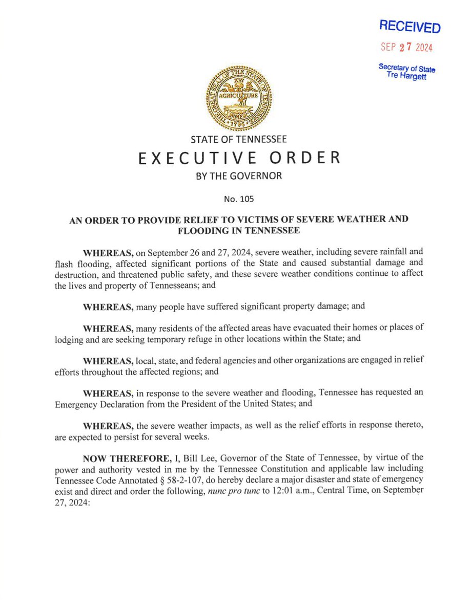 GovBillLee's tweet image. Today, I signed Executive Order 105 to provide critical relief to victims of severe weather &amp;amp; flooding in TN.

TN is also requesting a Major Disaster Declaration from FEMA to provide impacted TN counties with additional relief &amp;amp; resources.