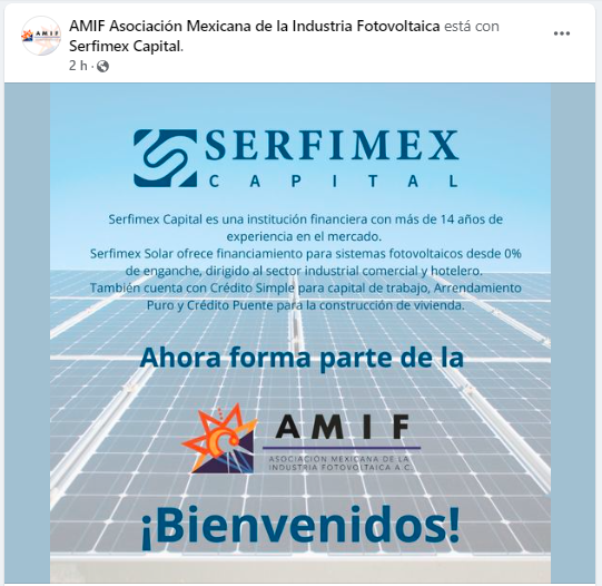 SerfimexCapital's tweet image. Entusiasmados les compartimos que ya formamos parte de @AMIF_asociacion !!!

#SerfimexCapital #financiamientosistemasfotovoltaicos #sofom #financiera #AMIF #industriafotovoltaica #panelessolares #integradoresfotovoltaicos #financiamientosolar