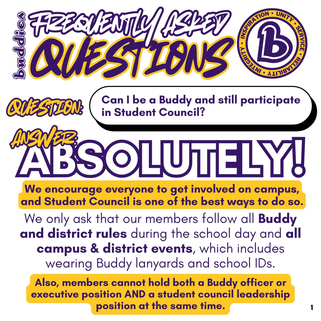 We’re starting a series to answer some of the most frequently asked questions we get. First up: can you be a Buddy and in Student Council? YES! Some of our best members are involved with both groups. 
We don’t make our members choose one group over another.