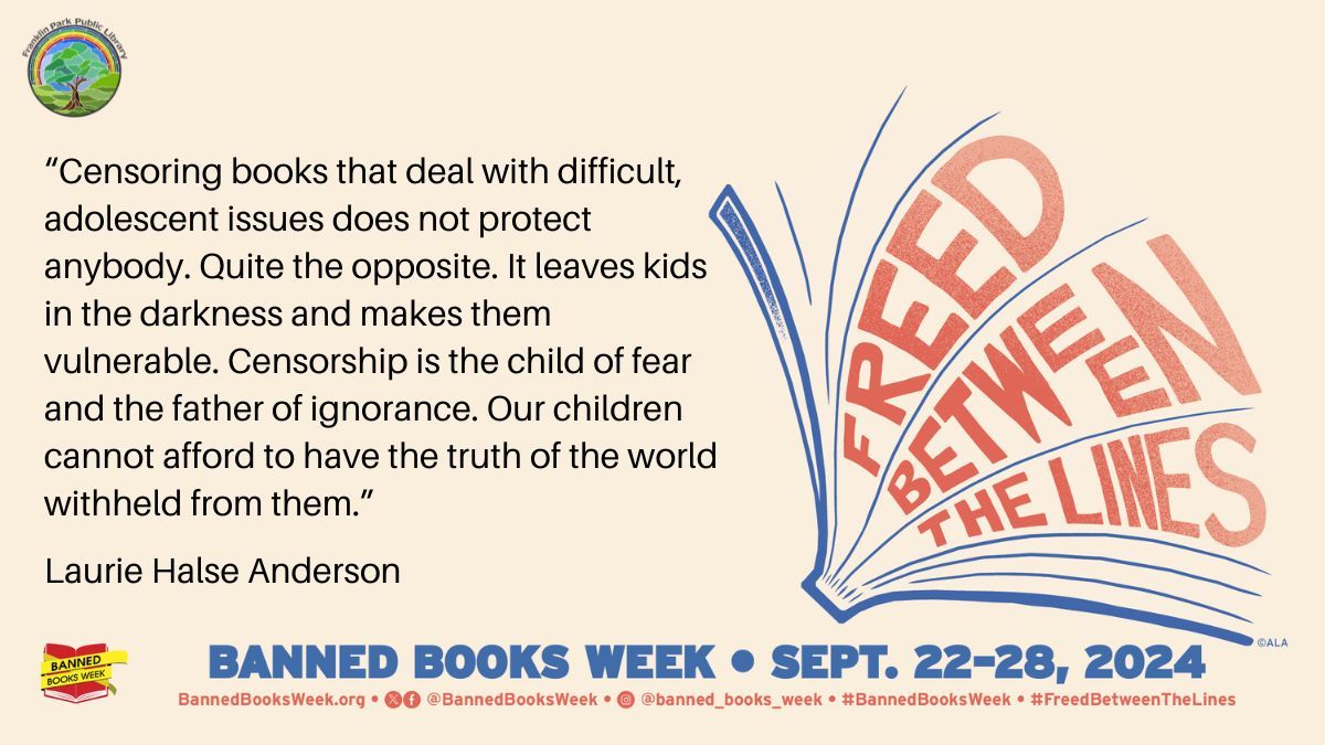 Are you participating in Banned Books Week? We hope you will join us in celebrating your Freedom to Read when you “Freed Between the Lines”. #BannedBooksWeek #BannedBooksWeek2024