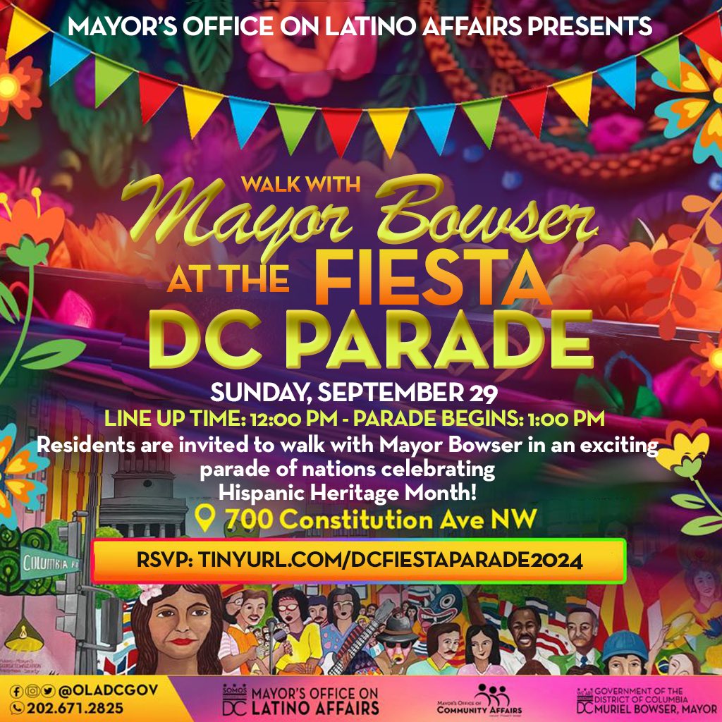 Mayor's Office on Latino Affairs (@oladcgov) on Twitter photo Camina junto a <a href="/MayorBowser/">Mayor Muriel Bowser</a> en Desfile de las Naciones, en honor al Mes de la Herencia Hispana. 🚶♂️🌎
📅 Domingo, 29 de sept
⏰ Alineación: 12m, Inicio: 1pm
📍 700 Constitution Ave, NW
Regístrate: TINYURL.COM/DCFIESTAPARADE…
#SOMOSDC #MesDeLaHerenciaHispana #HispanicHeritageMonth Camina junto a <a href="/MayorBowser/">Mayor Muriel Bowser</a> en Desfile de las Naciones, en honor al Mes de la Herencia Hispana. 🚶♂️🌎
📅 Domingo, 29 de sept
⏰ Alineación: 12m, Inicio: 1pm
📍 700 Constitution Ave, NW
Regístrate: TINYURL.COM/DCFIESTAPARADE…
#SOMOSDC #MesDeLaHerenciaHispana #HispanicHeritageMonth