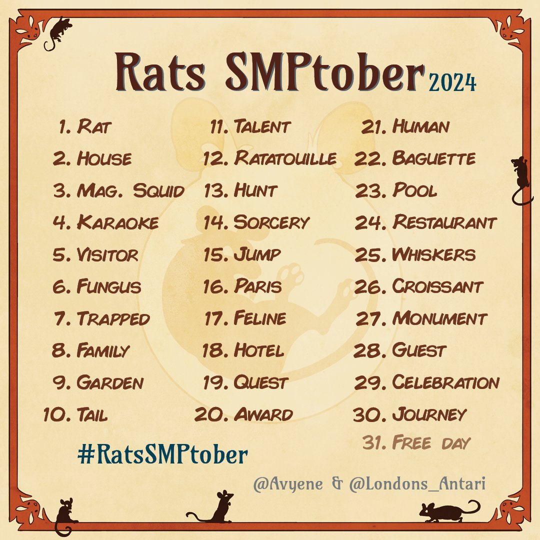 Fellow #RATSSMP enjoyers, the wait is almost over! So me and <a href="/Londons_Antari/">Antari</a> have put together a list for all 31 days of October to welcome back our little squeaky friends!

Don't forget to tag with #RatsSMPtober and have fun! RTs are appreciated ;)

(+more info in🧵)