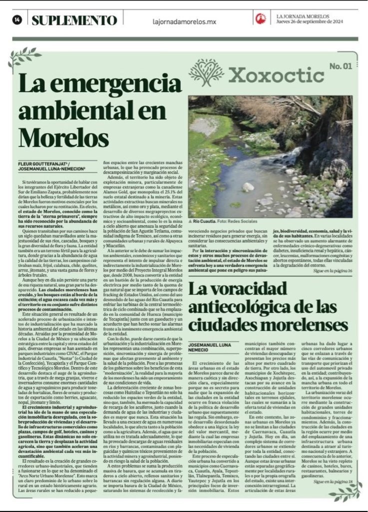 Josemanuel Luna-Nemecio (@josmaluna) on Twitter photo Ya está disponible el suplemento "Xoxoctic Morelos", un espacio en <a href="/MorelosJornada/">La Jornada Morelos</a> para abordar la crisis ambiental en #Morelos.
Para contribuir con reflexiones o denuncias: lajornadamorelosxoxoctic@gmail.com
Te invitamos a leerlo y conocer más:
lajornadamorelos.mx/sociedad/suple… Ya está disponible el suplemento "Xoxoctic Morelos", un espacio en <a href="/MorelosJornada/">La Jornada Morelos</a> para abordar la crisis ambiental en #Morelos.
Para contribuir con reflexiones o denuncias: lajornadamorelosxoxoctic@gmail.com
Te invitamos a leerlo y conocer más:
lajornadamorelos.mx/sociedad/suple…