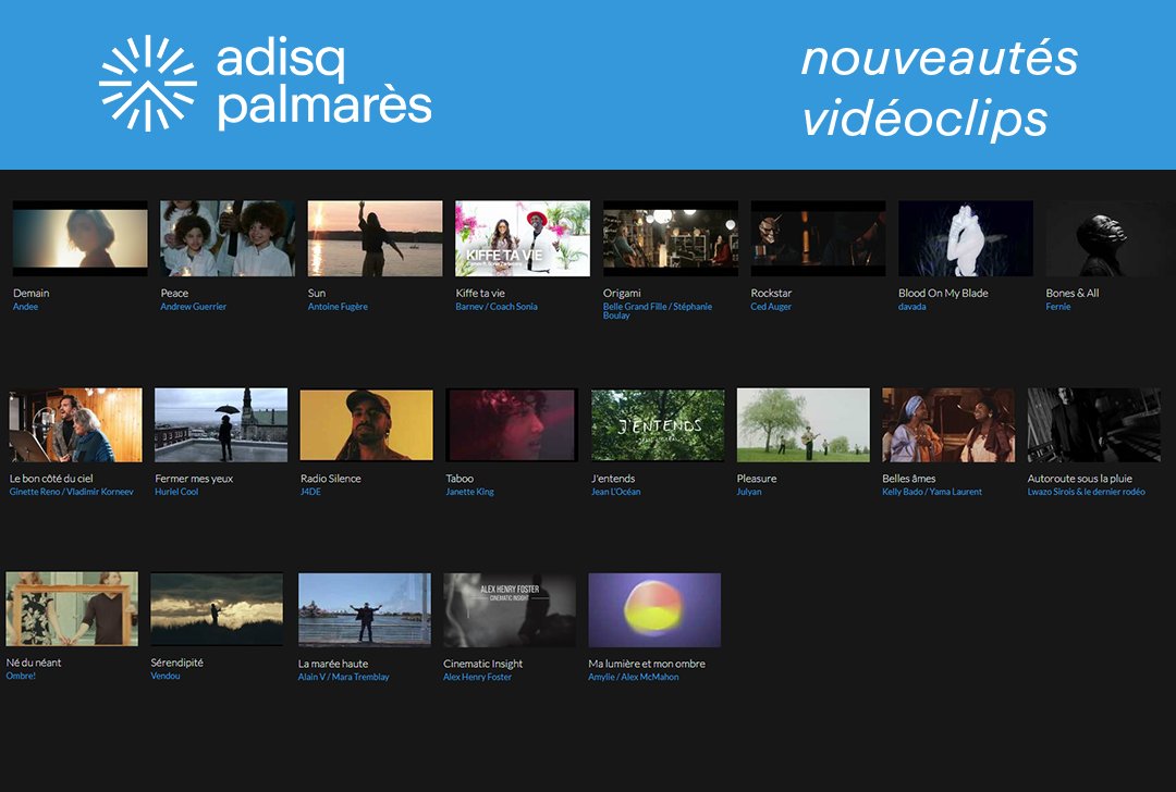 Adisq (@adisq_) on Twitter photo Nouveautés vidéos sur #PalmarèsADISQ ➡️palmaresadisq.ca/fr/nouveautes/…
Découvrez les nouveaux clips de <a href="/alexhfoster/">Alex Henry Foster & The Long Shadows</a>, <a href="/amyliemusique/">Amylie</a> / Alex McMahon, <a href="/andeeofficial/">ANDEE</a>, <a href="/GinetteRenoVIP/">Ginette Reno</a> / Vladimir Korneev, <a href="/JanetteKing/">Janette King</a>, <a href="/KellyBado1/">Kelly Bado</a> / <a href="/yama_laurent/">Yama Laurent</a> et plus encore !💙 Nouveautés vidéos sur #PalmarèsADISQ ➡️palmaresadisq.ca/fr/nouveautes/…
Découvrez les nouveaux clips de <a href="/alexhfoster/">Alex Henry Foster & The Long Shadows</a>, <a href="/amyliemusique/">Amylie</a> / Alex McMahon, <a href="/andeeofficial/">ANDEE</a>, <a href="/GinetteRenoVIP/">Ginette Reno</a> / Vladimir Korneev, <a href="/JanetteKing/">Janette King</a>, <a href="/KellyBado1/">Kelly Bado</a> / <a href="/yama_laurent/">Yama Laurent</a> et plus encore !💙