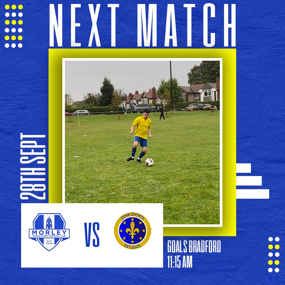 NEXT MATCH!

After last week’s win, we're off to Bradford to face a team that took two wins from us &amp; won silverware last year. However, The lads are ready &amp; hungry for 3 points! #UpTheBridge

🆚 Zenk Sports FC
📅 28/09/24
🕥 10:30 AM
📍 Bradford Goals