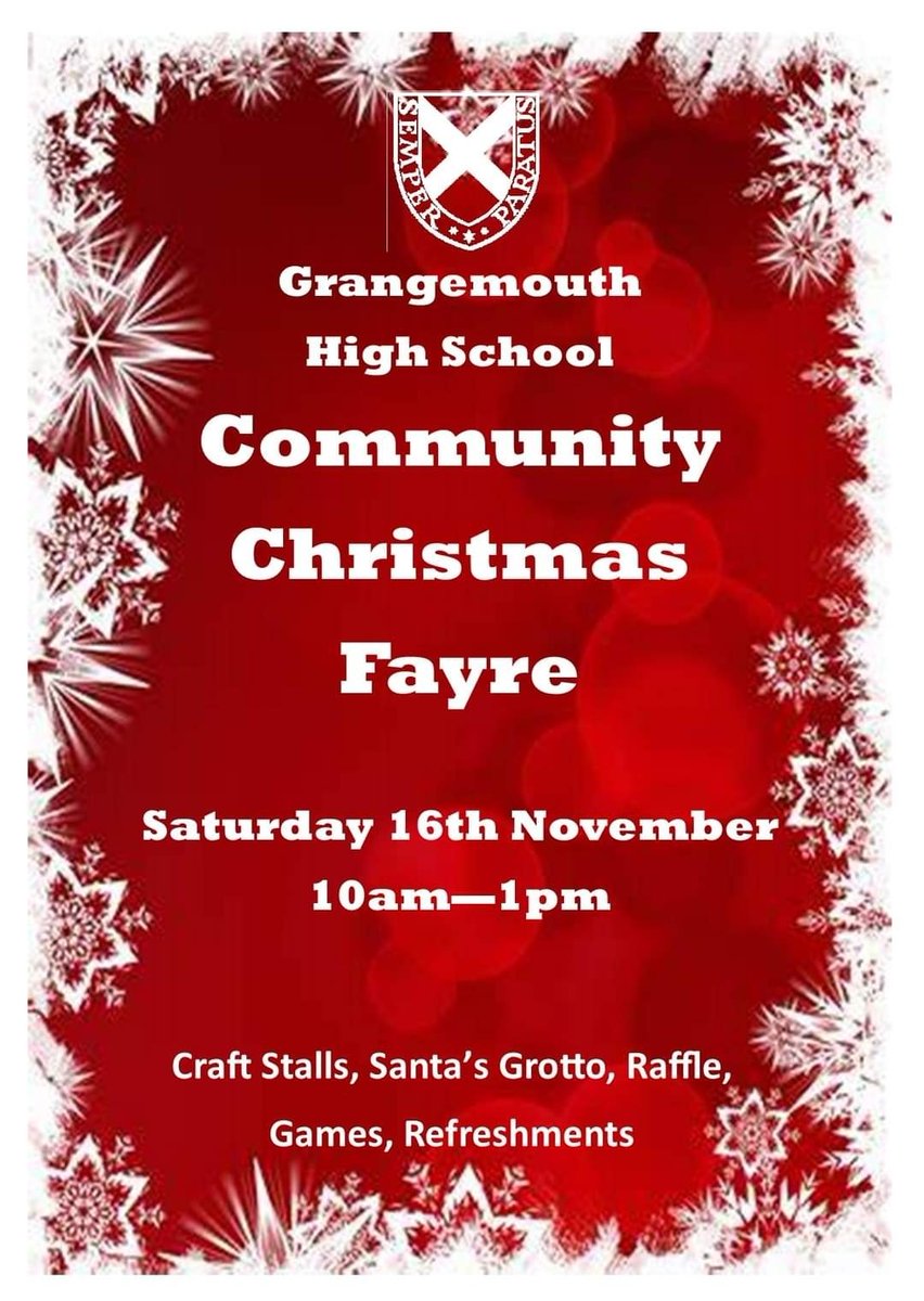 After the success of last years fayre we are delighted to announce that Grangemouth High School are hosting another Christmas Fayre on Saturday the 16th of November.  If you would be interested in having a stall please email grangemouthhighschool@education.falkirk.sch.uk